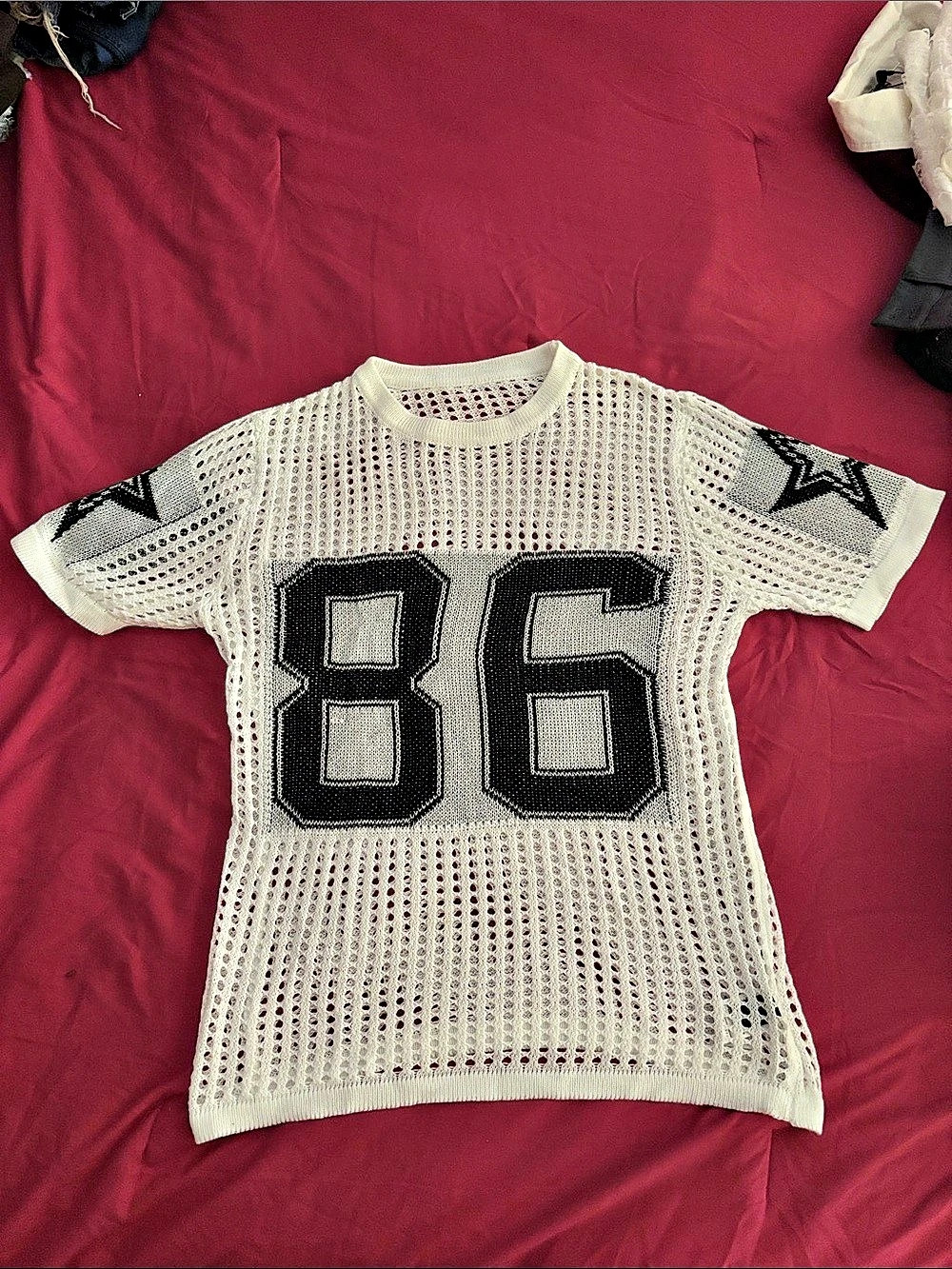 ROMWE Number 86 Star Patch Mesh Knit Tee Mesh Number 86 Jersey in White & Black